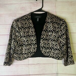 R&M Richards Black Gold Sequined Bolero Shrug Cropped Jacket Size 14